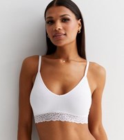 New Look White Floral Lace Trim Ribbed Seamless Crop Top Bra